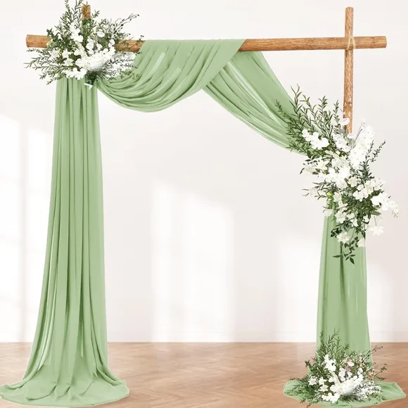 Elegant Sage Green Chiffon Archway Fabric- Boho Tasseled Linen Cotton Tablecloth - Picture 3 of 11